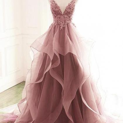 Pink Lace Long Prom Dress A Line Evening Dress..