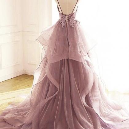 Pink Lace Long Prom Dress A Line Evening Dress..
