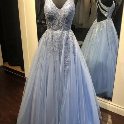 Blue Tulle Lace Long Prom Dress Blue Evening Dress..
