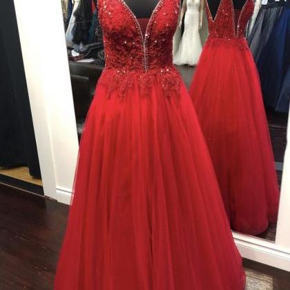 Red V Neck Tulle Lace Long Prom Dress Red Evening..