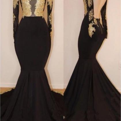 Black Satin Mermaid Prom Dresses With Gold Lace..