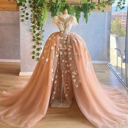 Prom Dresses Champagne High Neck Hand Made Flowers..