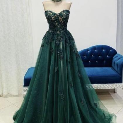 Green Lace Long Prom Dress A Line Evening Dress..