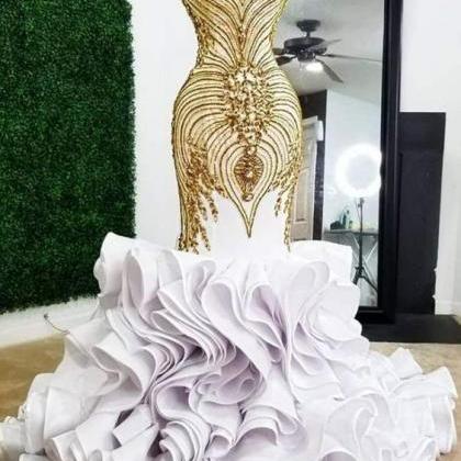 White Mermaid Gold Beading Plus Size Prom Dresses..