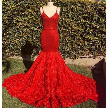 Unique Straps Mermaid Red Prom Dress With Blossom..