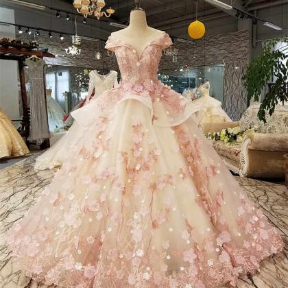 Princess Pink Ball Gown With 3d Flowers Prom Dress..