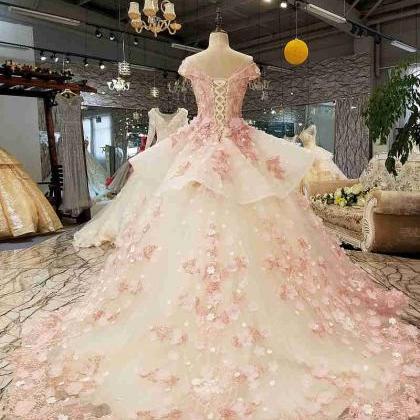 Princess Pink Ball Gown With 3d Flowers Prom Dress..