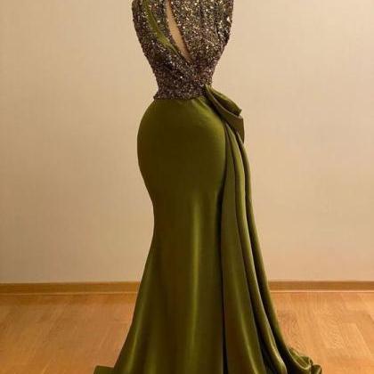 Olive Green Prom Dresses With Sparkly Sequins..