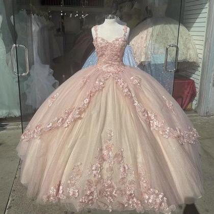 Pink A Line Floral Quince Dress Ball Gown Prom..