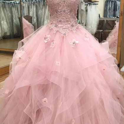 Pink Sweetheart Tulle Long Prom Gown, Pink Sweet..