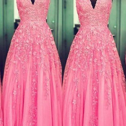 Pink Tulle Prom Long Dresses Lace V Neck..