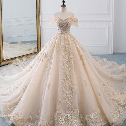 Champagne Off Shoulder Tulle Lace Long Wedding..