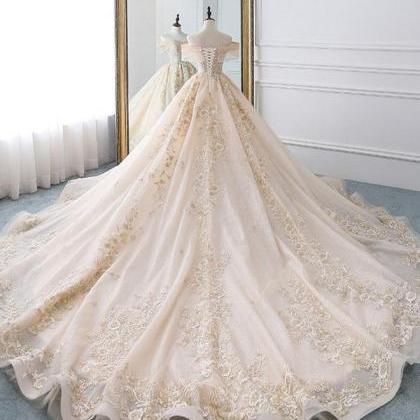 Champagne Off Shoulder Tulle Lace Long Wedding..