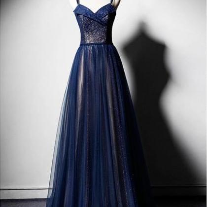 Dark Blue Tulle Long Prom Dress, Dark Blue Evening..
