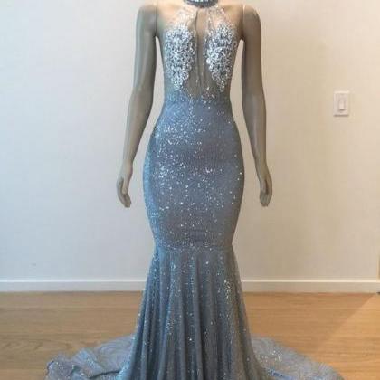 Luxury Halter Sliver Mermaid Prom Dress M3267