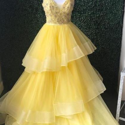 Charming Yellow V-neck Tulle Prom Dress M3275
