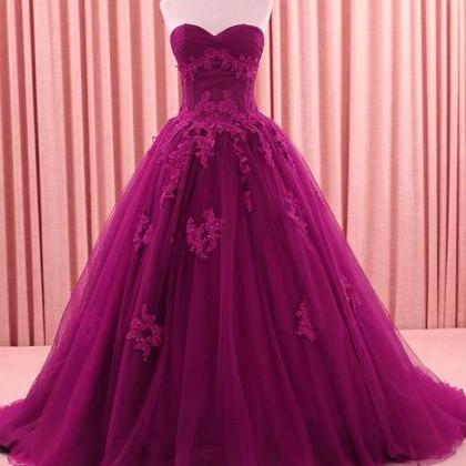 Purple Appliques Ball Gown Prom Dress, Long..