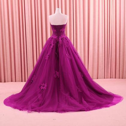 Purple Appliques Ball Gown Prom Dress, Long..