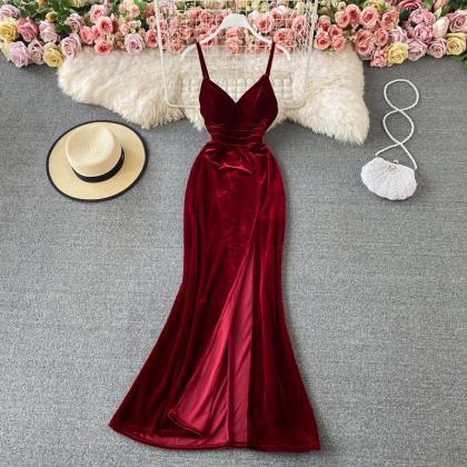 Burgundy Velvet Long Dress M3331