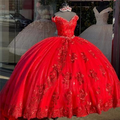 Vintage Red Ball Gown Off The Shoulder Prom..
