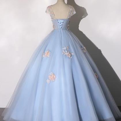 Blue Tulle Lace Long Prom Dress Blue Evening Dress..