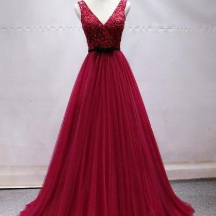 Burgundy Tulle Lace Long Prom Dress, Burgundy Lace..