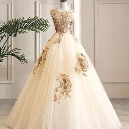 Champagne Tulle Lace Long Prom Dress Champagne..