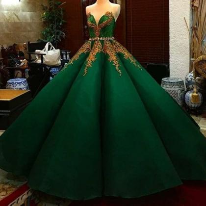 Green Satin Ball Gown , Sweetheart Lace Formal..