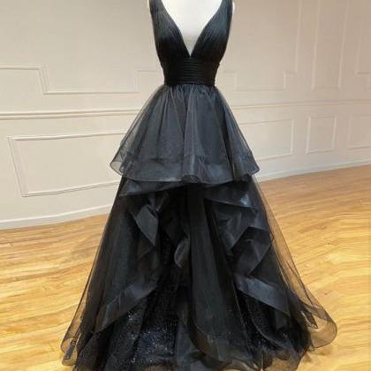 Black V Neck Tulle Long Prom Dress Evening Dress..