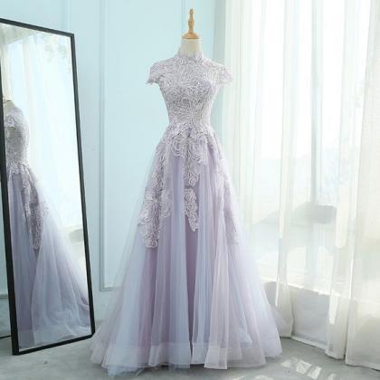Light Purple Tulle Lace Long Prom Dress, Evening..