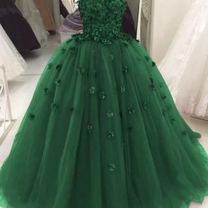 Green Ball Gown Quincenera Dresses Flowers..