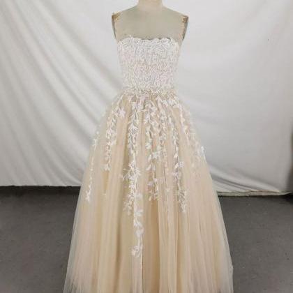 Champagne Sweetheart Tulle Lace Long Prom Dress..