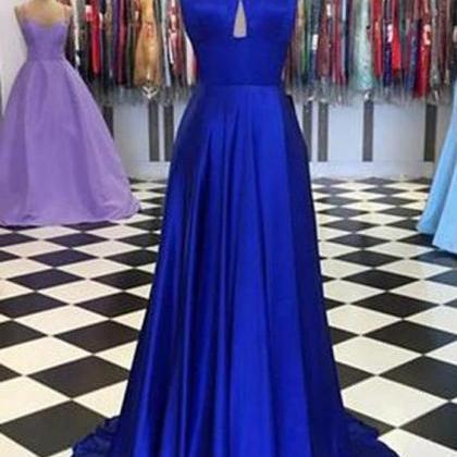 Royal Blue Round Neck Satin Prom Dresses A-line..