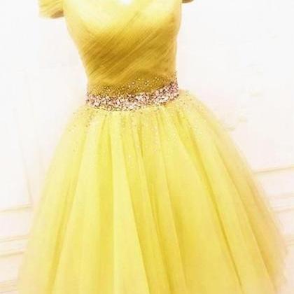 Cute Off Shoulder Sequins Yellow Short Prom..