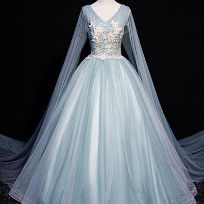 Blue V Neck Tulle Lace Long A Line Prom Dress..