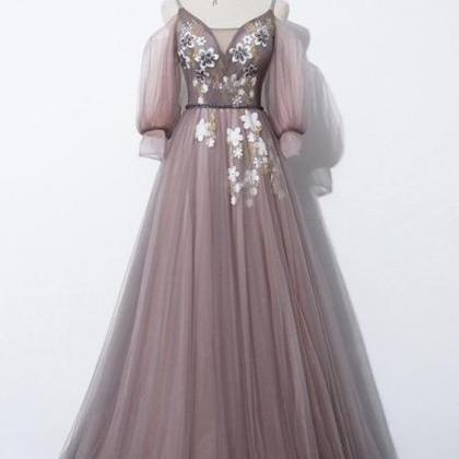 Elegant V Neck Tulle Long Prom Dress Evening Dress..