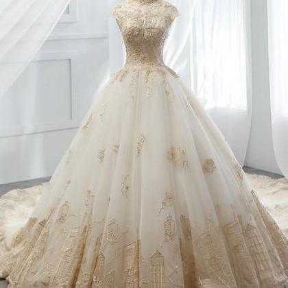 Ball Gown Tulle Gold Lace Appliques High Neck..