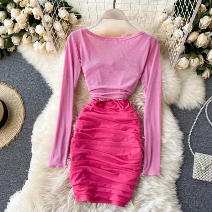 Chic Pink 2 Pieces Set Long Sleeve Dress