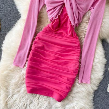 Chic Pink 2 Pieces Set Long Sleeve Dress
