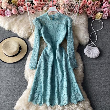 Vintage Solid A-line Stand Collar Long Sleeve Lace..