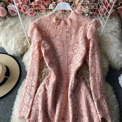 Vintage Solid A-line Stand Collar Long Sleeve Lace..