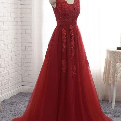 Burgundy Ball Gown V Neck Lace 3D Appliques Beaded Tulle Long Sleeves Prom Dress LBQ3779 main image 1