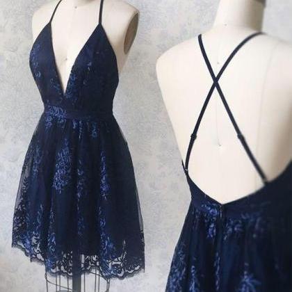 Navy Blue Homecoming Dress With Appliques, Vintage..