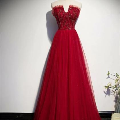 Vintage Burgundy Tulle 3D Flowers Evening Dress,Strapless Prom Party Dress cc2825