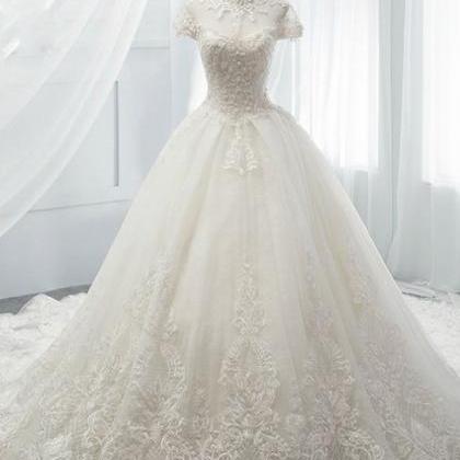 White Ball Gown Tulle Lace High Neck Cap Sleeve..