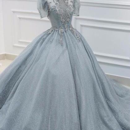 Sparkle Grey Beaded Ball Gown Wedding Dress With..