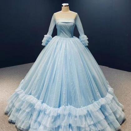 Blue Ball Gown Sequins Tulle Long Sleeve Pleats..