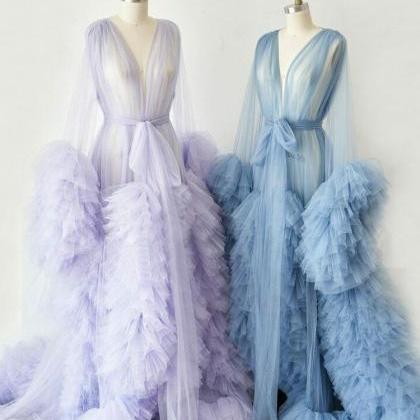 Women Sexy Tulle Maternity Dress Ruffled Robes..