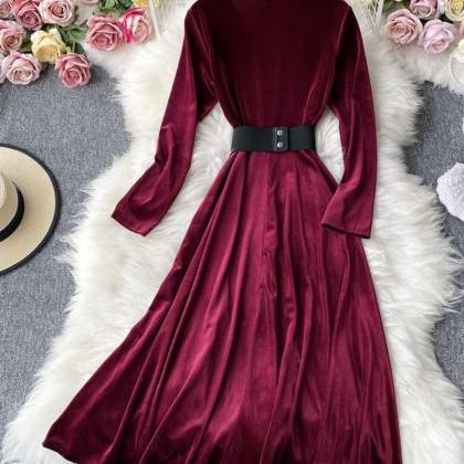 V-Neck Velvet Long Dress VAS0177