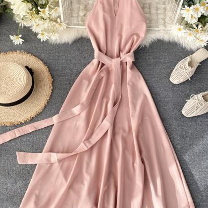 Pink A Line Chiffon Halter Dress Summer Dress